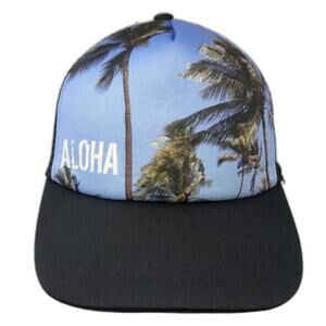 Surfware Blue Trucker Hat One Size Aloha Palm Tree Graphic Print Snapback Black